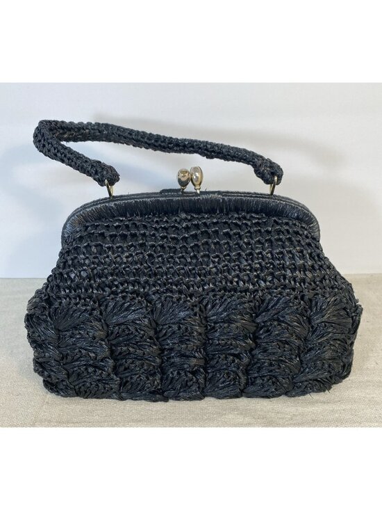 Unbranded Handbags - VTG Black Straw Raffia Woven 124 Japan Purse Handbag Gold Tone Clasp Closure EUC